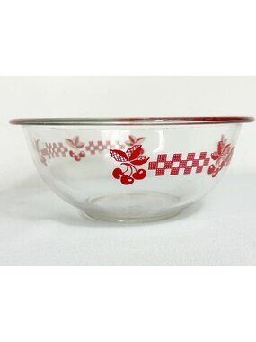 Vintage Clear Pyrex 1.5L Bowl in Red Cherries Gingham Pattern #323